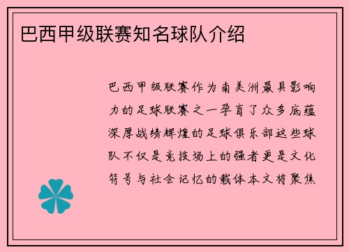 巴西甲级联赛知名球队介绍