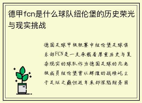德甲fcn是什么球队纽伦堡的历史荣光与现实挑战